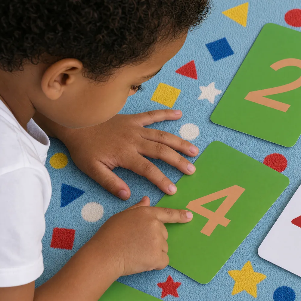 Enfant apprenant les chiffres avec des cartes Montessori colorées