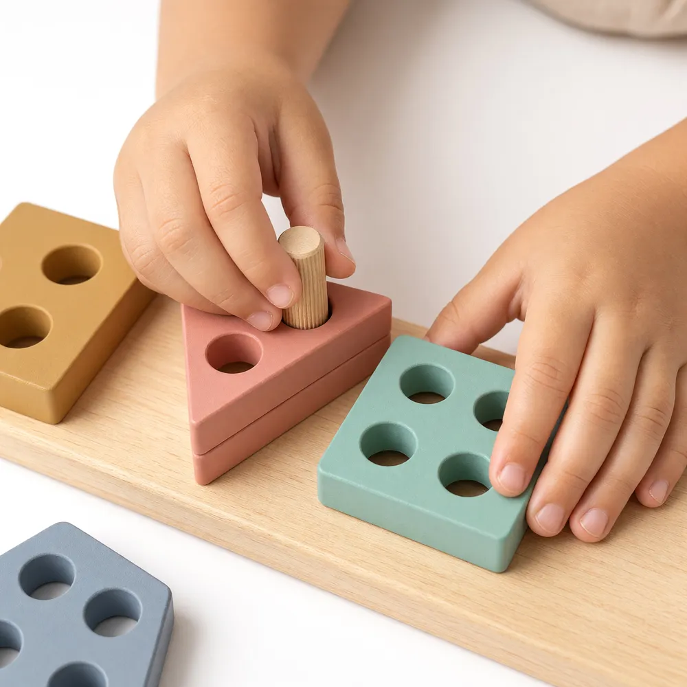 Enfant manipulant un jeu d'encastrement de formes en bois, matériel sensoriel Montessori